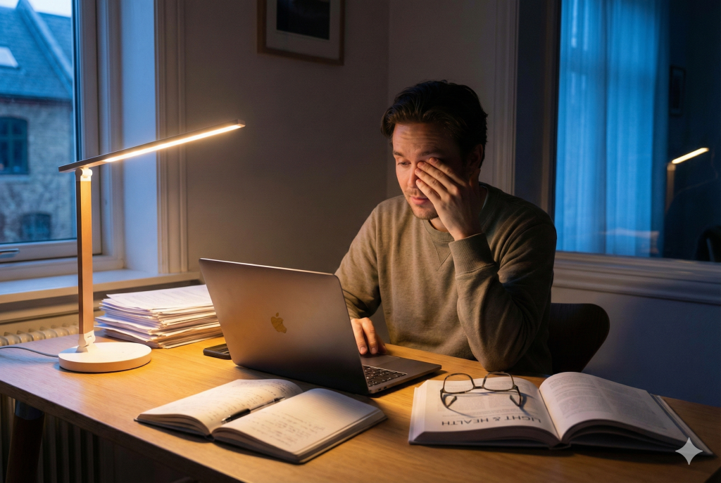 A candid photograph shows a man in a dimly lit home office at night, rubbing his tired eyes. He is seated at a wooden desk with a warm-toned LED desk lamp illuminating his laptop and open books, including one titled "LIGHT & HEALTH," highlighting the theme of blue light exposure from lamps