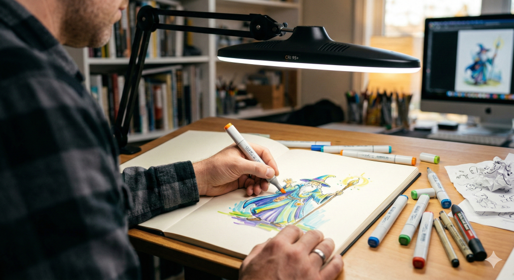 Hand drawing with colored markers under a professional high-CRI desk lamp.