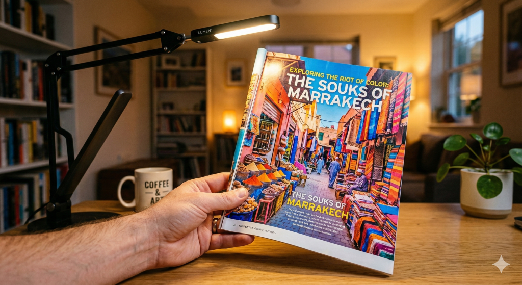 Hand holding a colorful magazine under a high CRI LED desk lamp.
