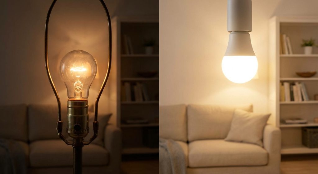 Comparison between an inefficient incandescent bulb and a high-output LED bulb.
