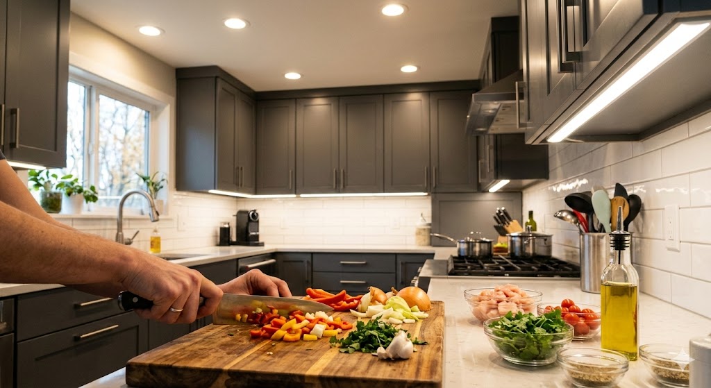Bright task lighting in a kitchen showing high lumen output for food preparation.