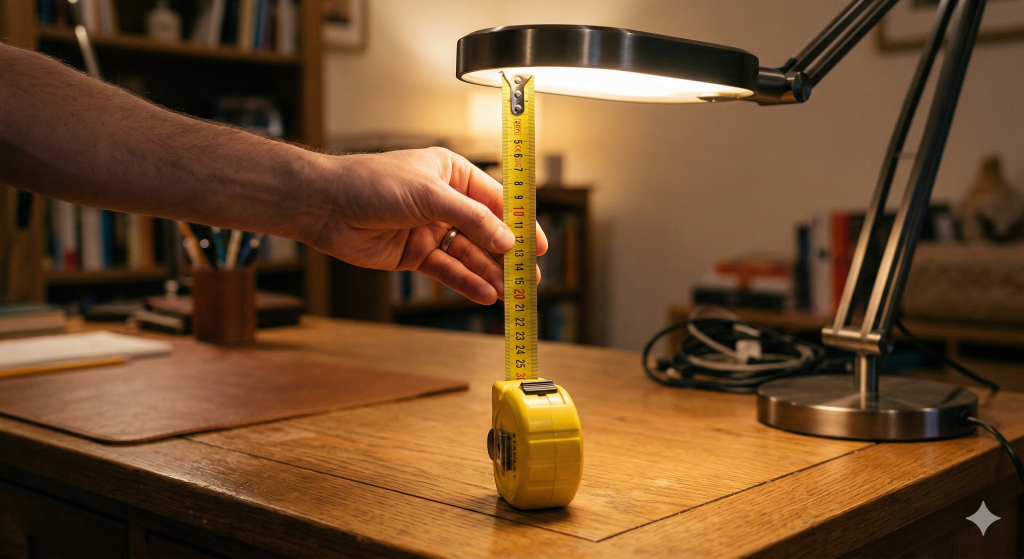 Hand using a measuring tape to check desk lamp height and distance.