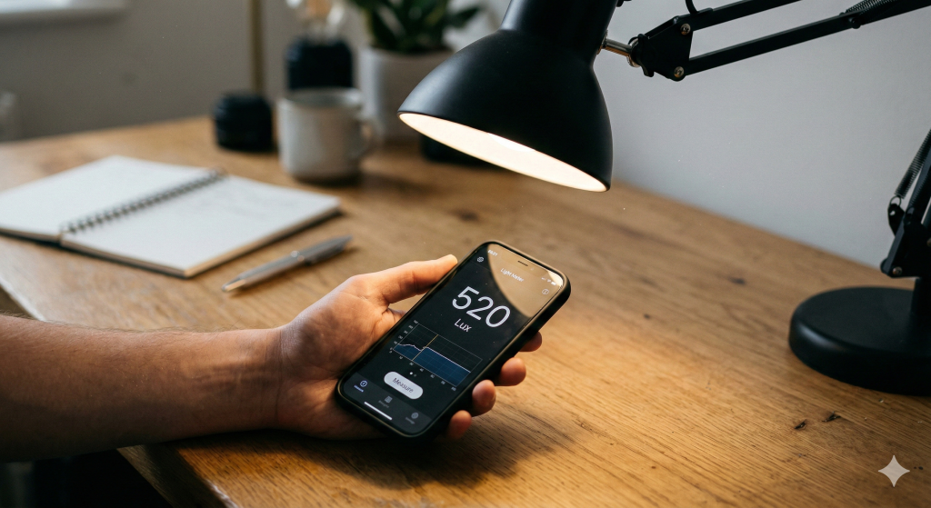 Hand holding a smartphone displaying a lux meter app reading on a desk.
