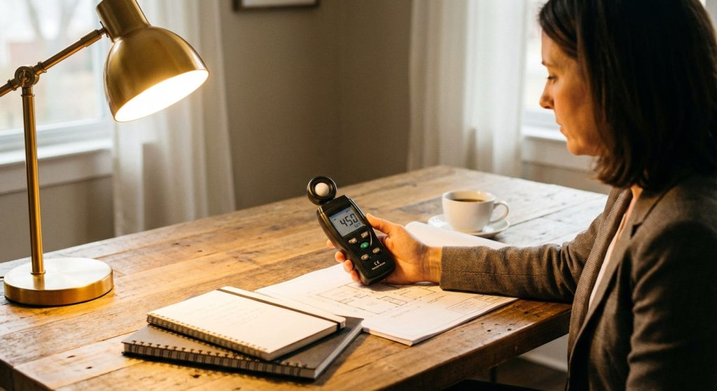 A person using a lux meter to measure the actual light intensity on a surface.