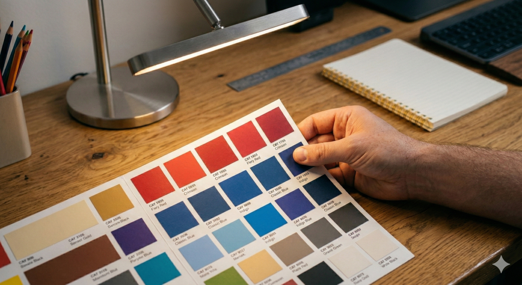 Hand holding color swatches under high CRI lighting to test accuracy.