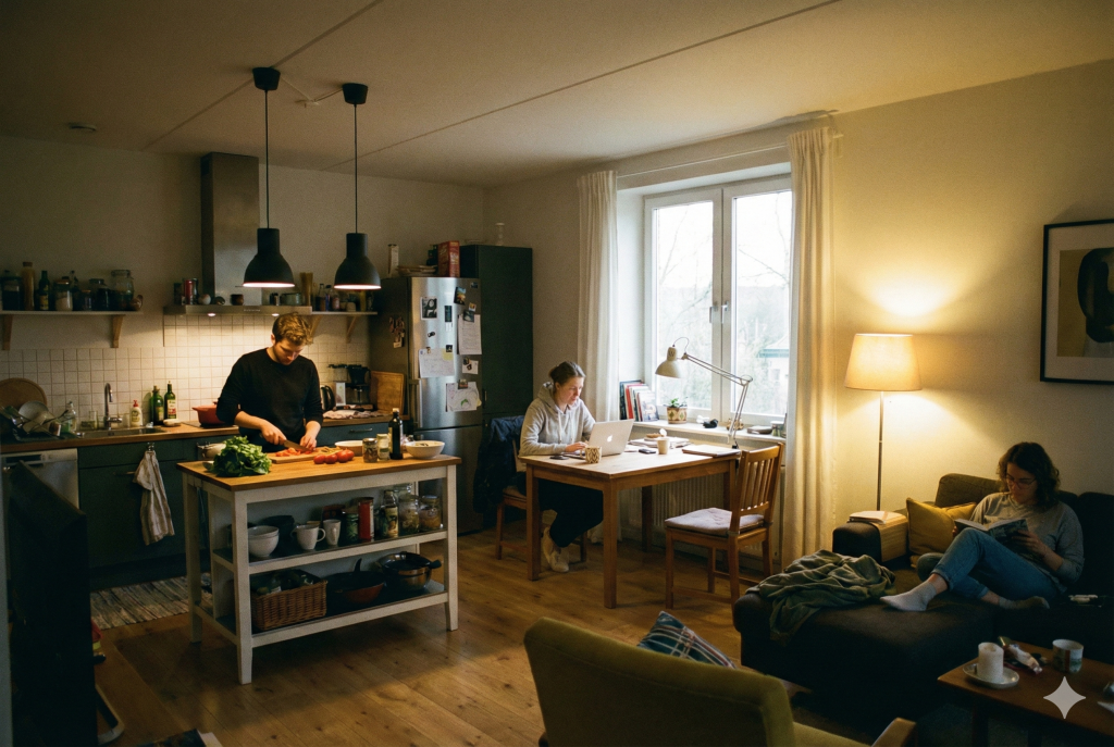 A candid photograph of three people in a cozy apartment using different lighting sources for cooking, working on a laptop, and reading on the sofa, illustrating the lighting needs for various daily activities