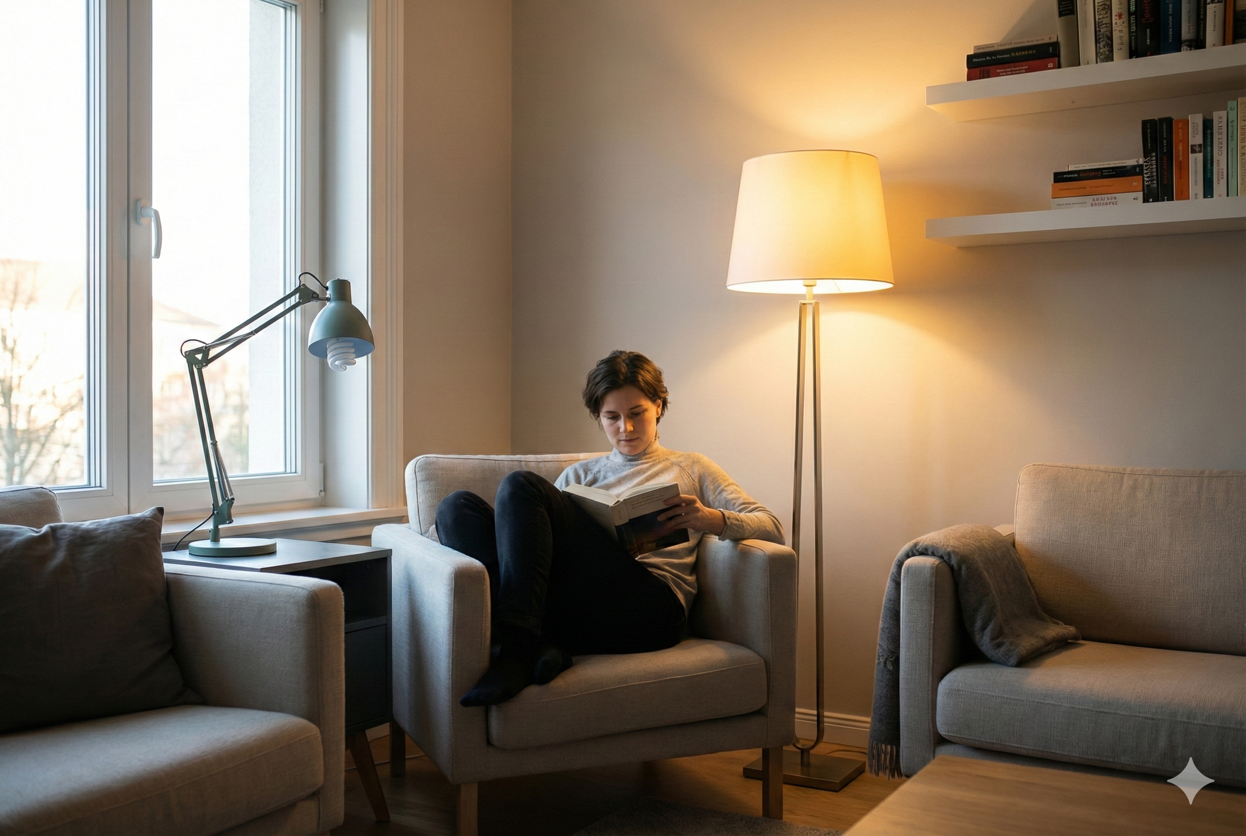 Comparing warm floor lamps versus cool desk lights for comfortable reading and reducing eye strain at home.