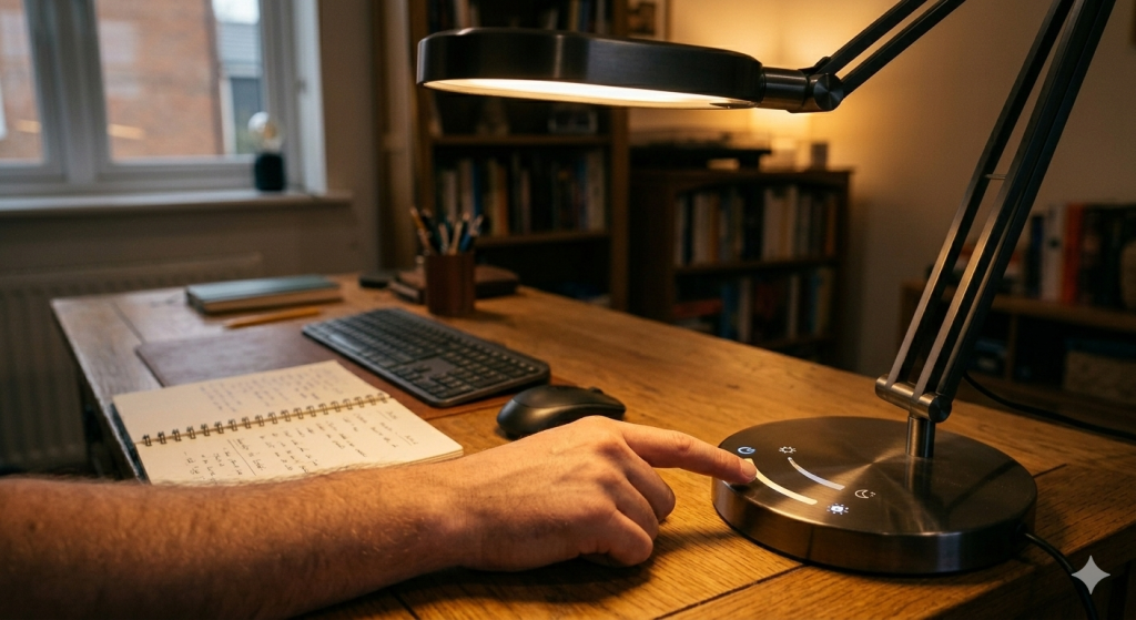 Hand adjusting desk lamp from cool daylight to warm evening mode.