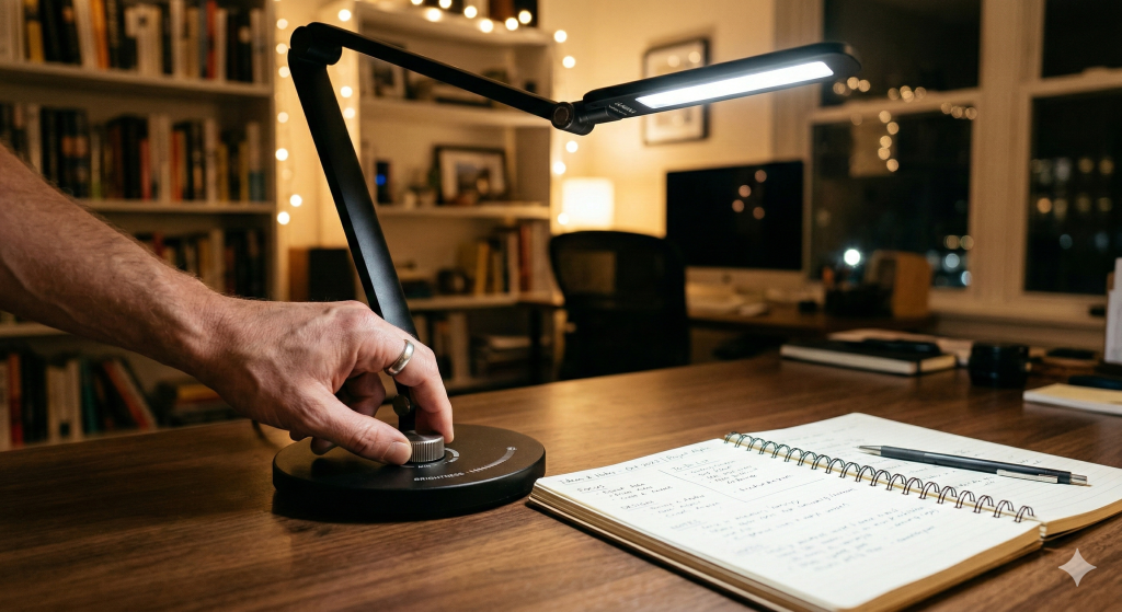 Hand adjusting the color temperature dial on a modern desk lamp.