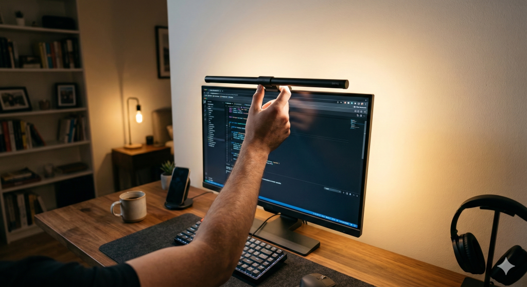 Adjusting bias lighting behind a computer monitor to reduce eye strain from contrast.