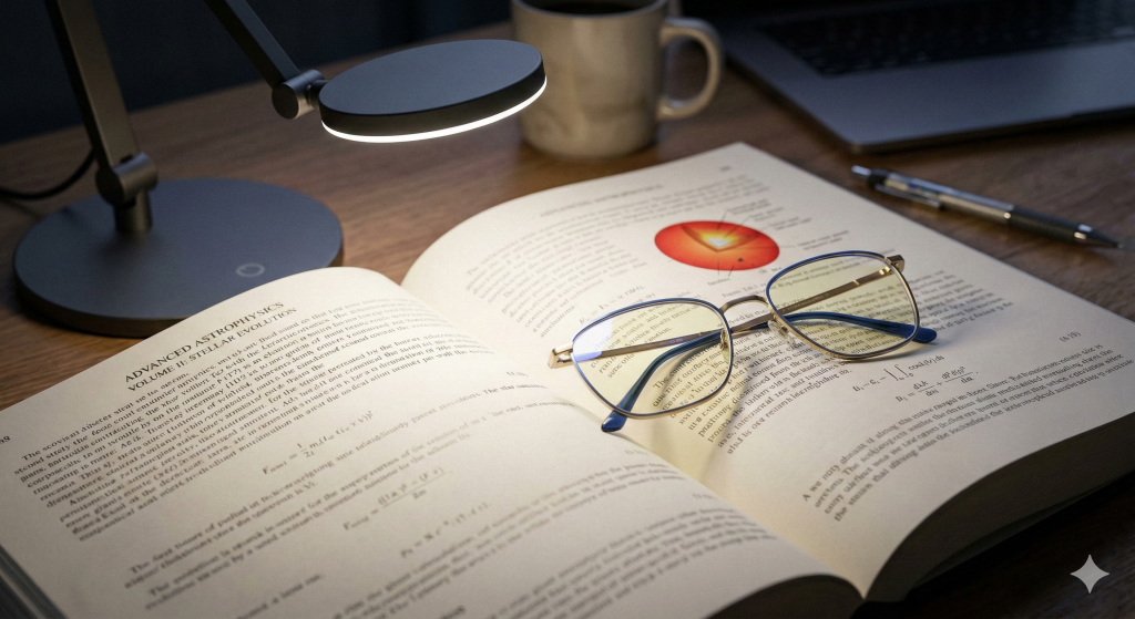 Blue light blocking glasses resting on a book under a bright LED desk lamp.
