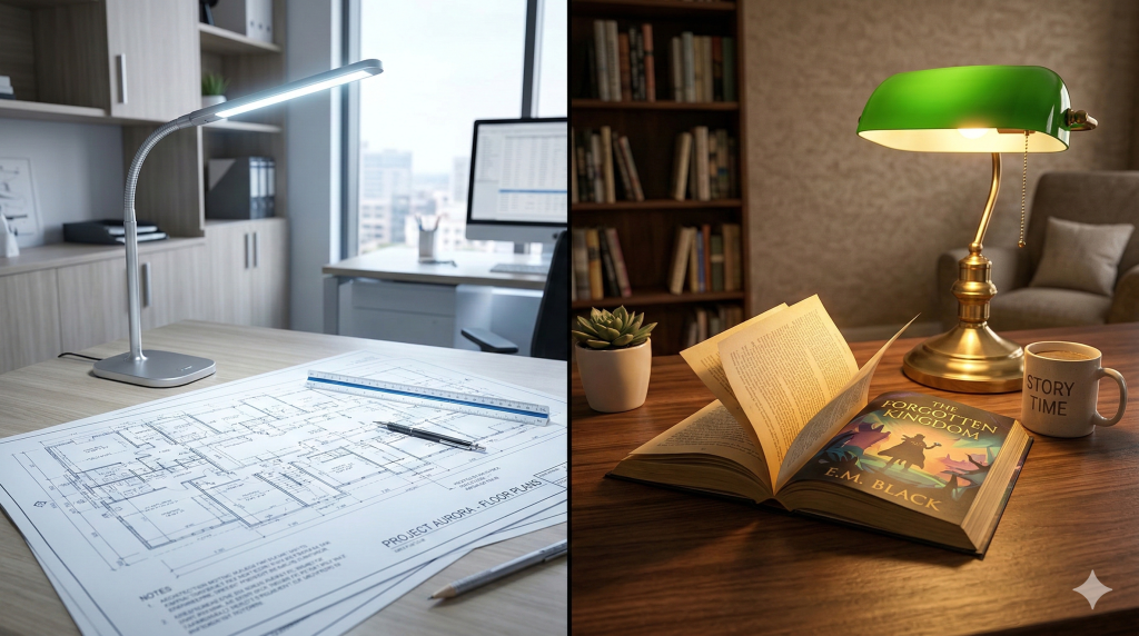 Side by side comparison of cool blue-enriched daytime lighting versus warm evening lighting.