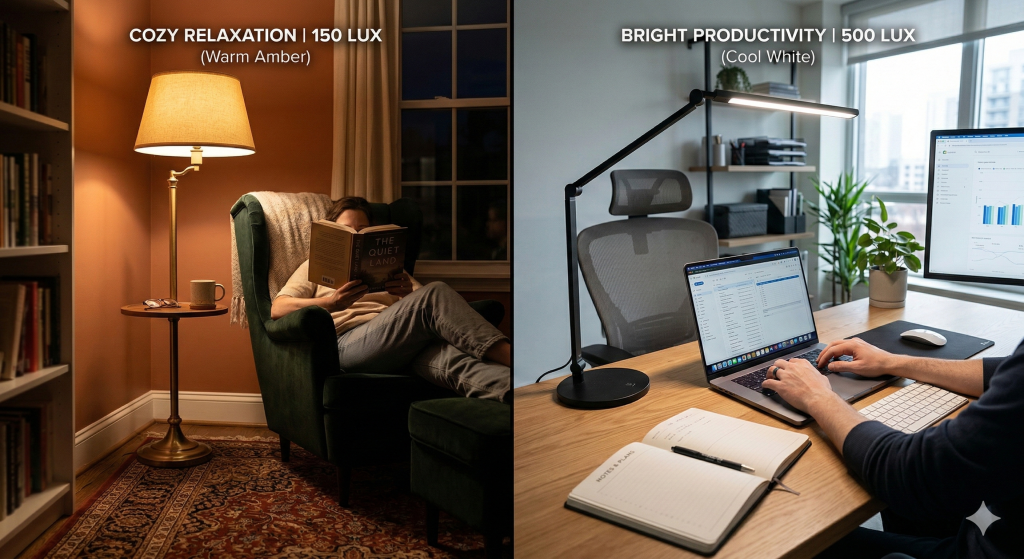 Comparison of low lux lighting for relaxing versus high lux lighting for desk work.