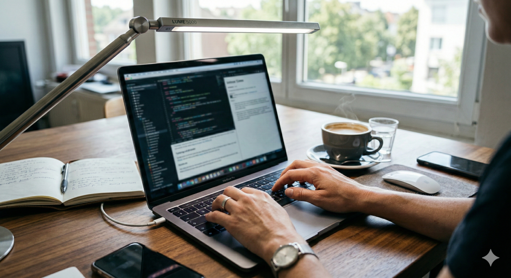Hands typing on laptop under crisp 5000K daytime desk lighting.