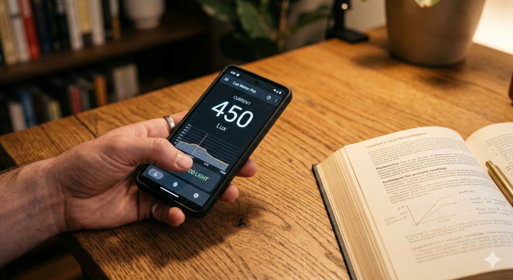 Measuring desk surface brightness with a smartphone lux meter app.