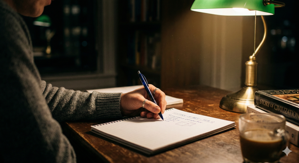 Student writing under warm 3000k desk lamp lighting at night.