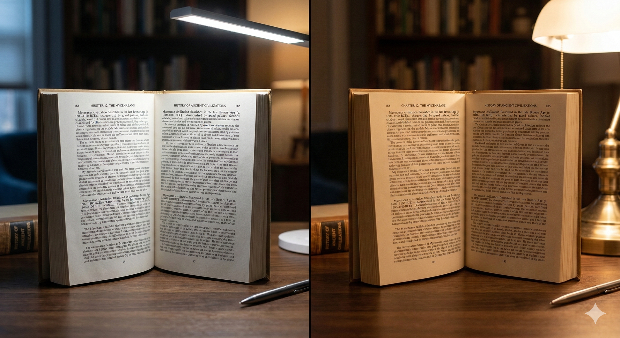 Comparison of text clarity and paper color under warm versus cool reading light.