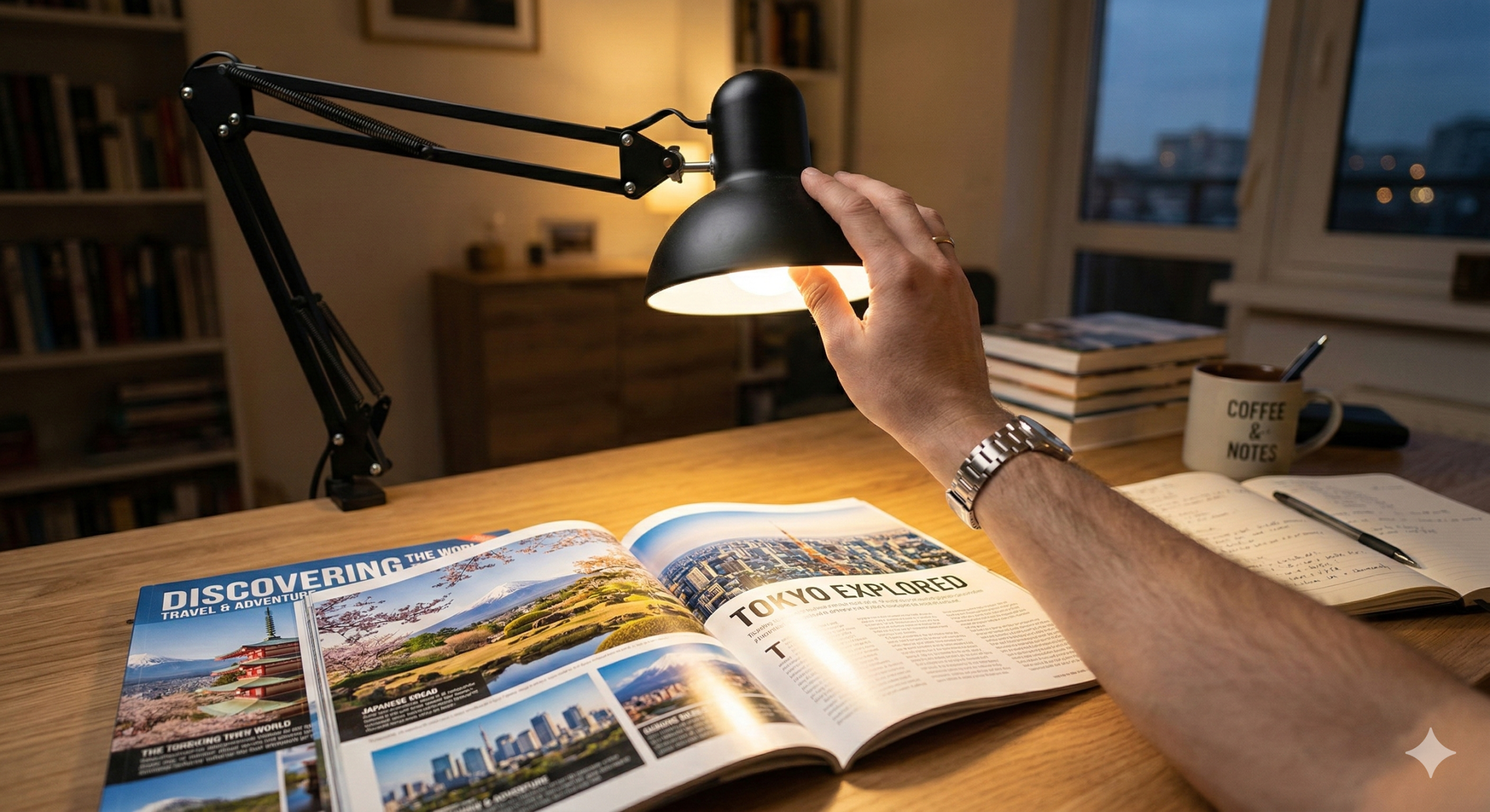 Hand adjusting a desk lamp head to reduce direct glare on a reading surface.