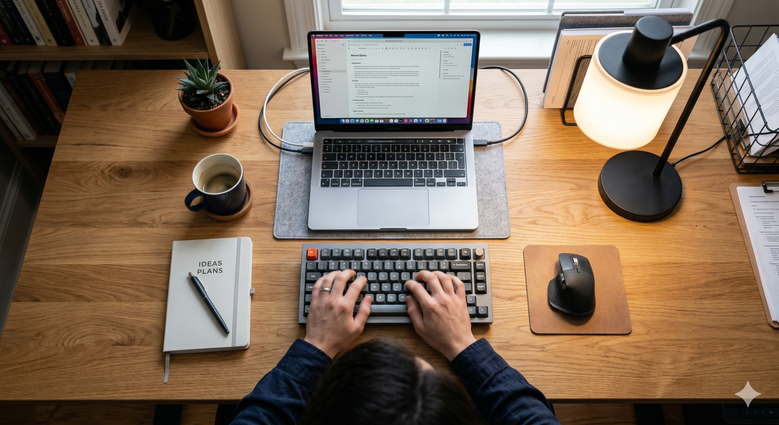 Ergonomically balanced desk lighting setup with diffused lamp and ambient ceiling fill