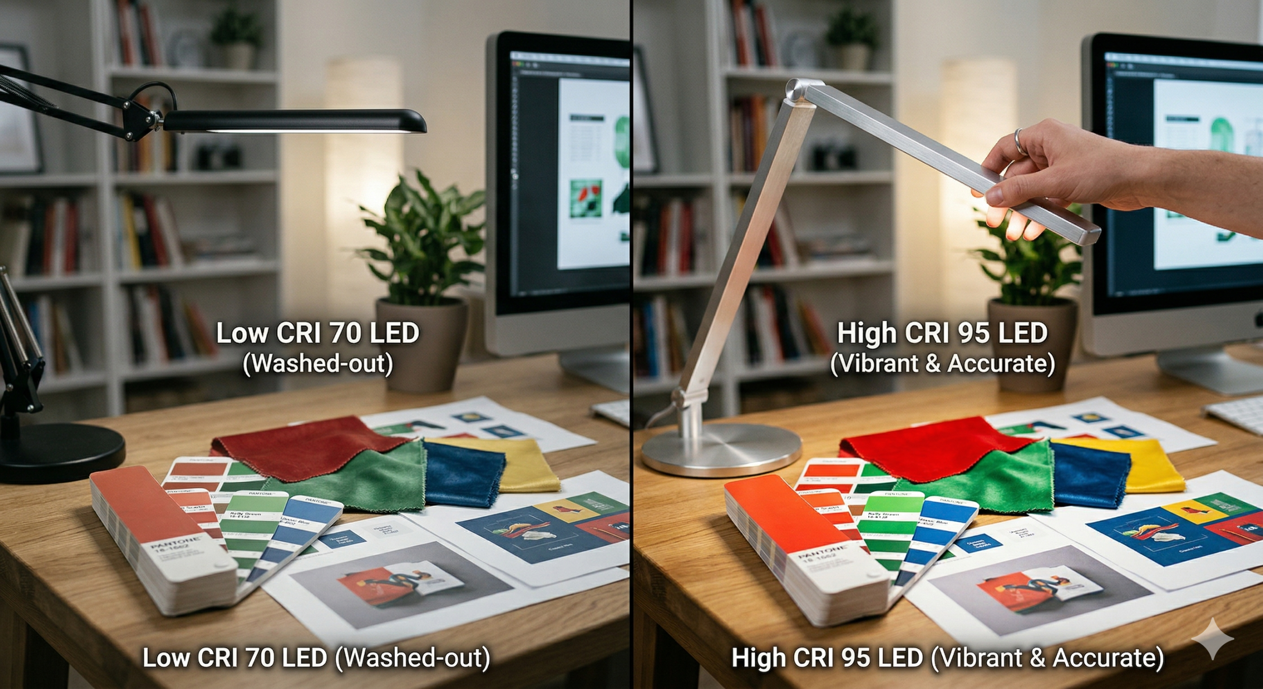 Color rendering comparison between low CRI and high CRI desk lamps