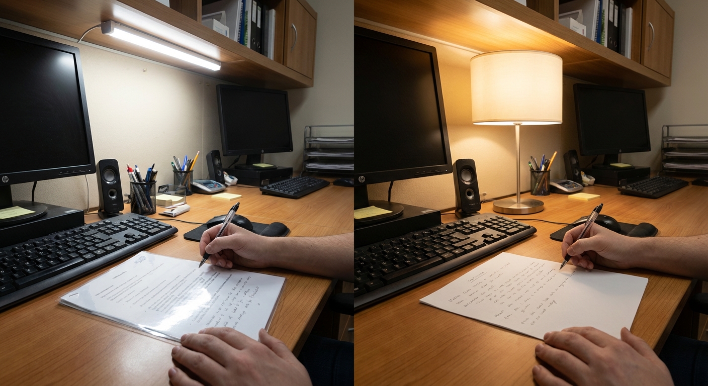 Side-by-side comparison of harsh bare LED desk lamp glare versus soft diffused even lighting on a workspace.