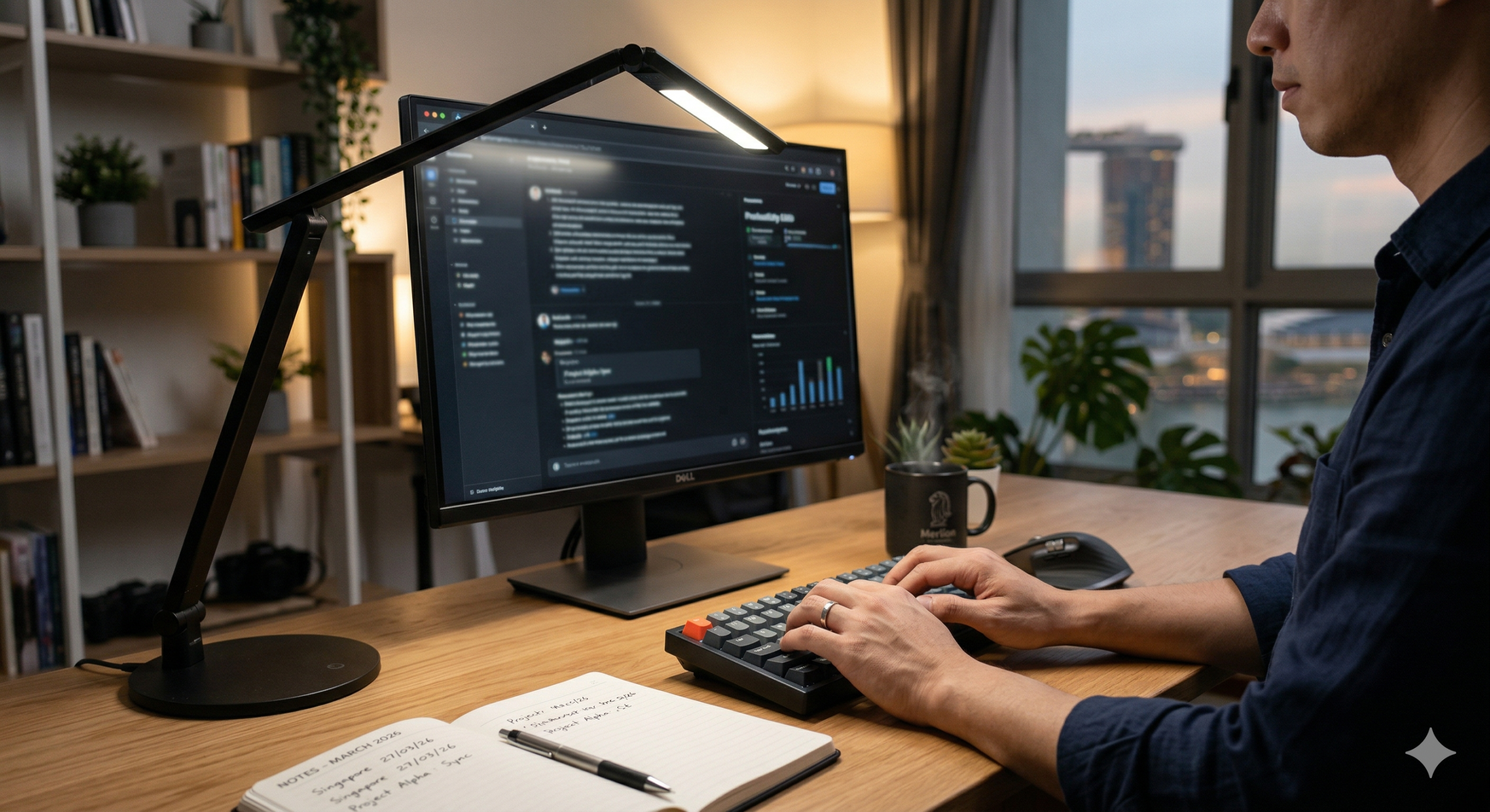 Desk lamp positioned behind monitor to avoid screen glare while illuminating workspace