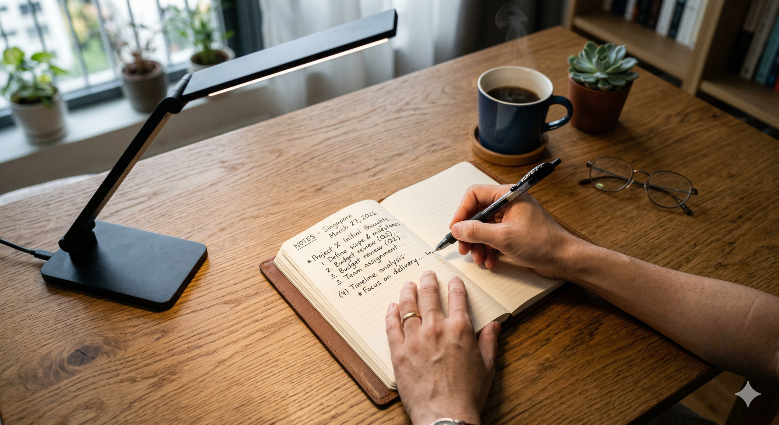 Hand writing in notebook with desk lamp positioned opposite to eliminate shadow