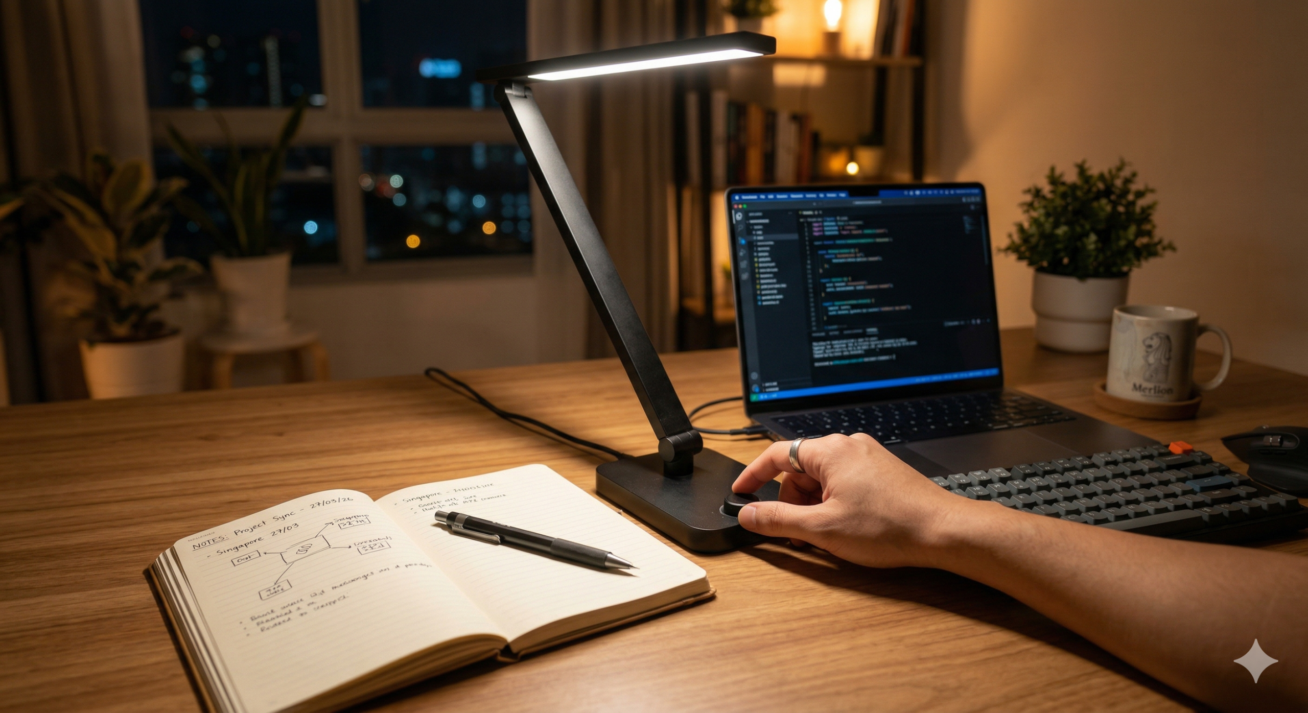 Dimmable desk lamp balancing illumination between notebook and laptop workspace