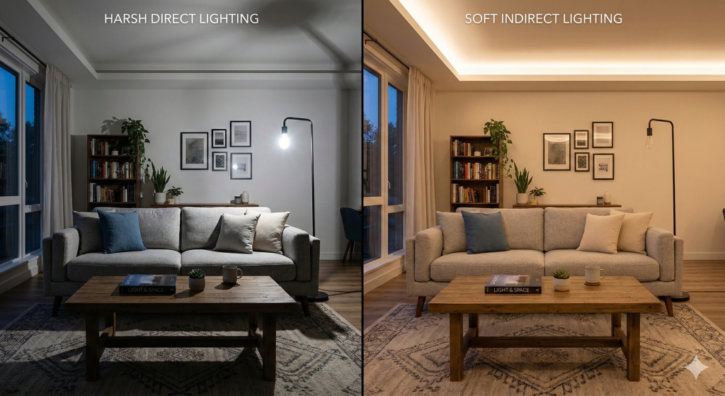 Side-by-side comparison showing the contrast difference between direct and indirect living room lighting.