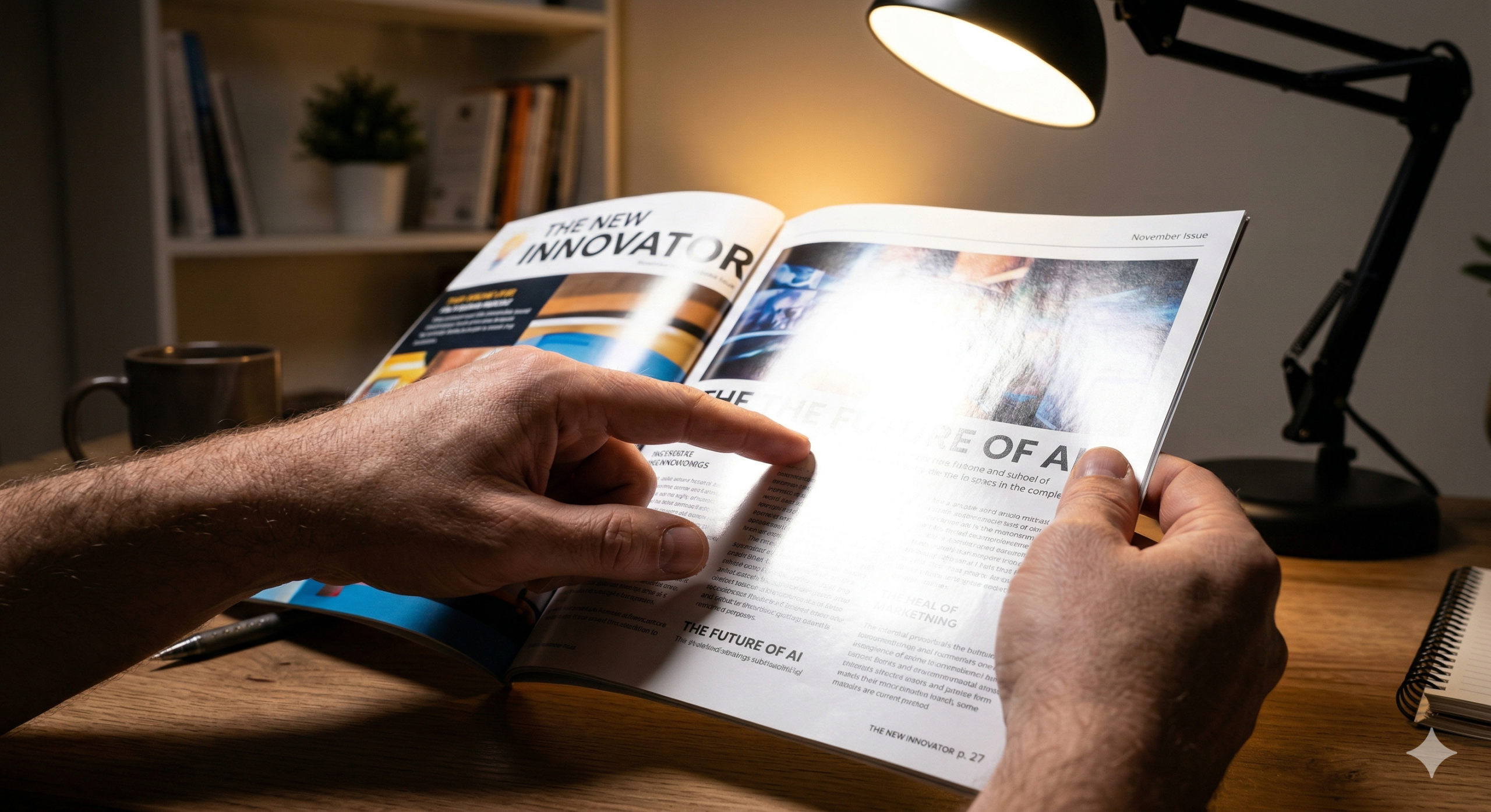 Hand holding magazine showing harsh glare reflection from desk lamp obscuring text