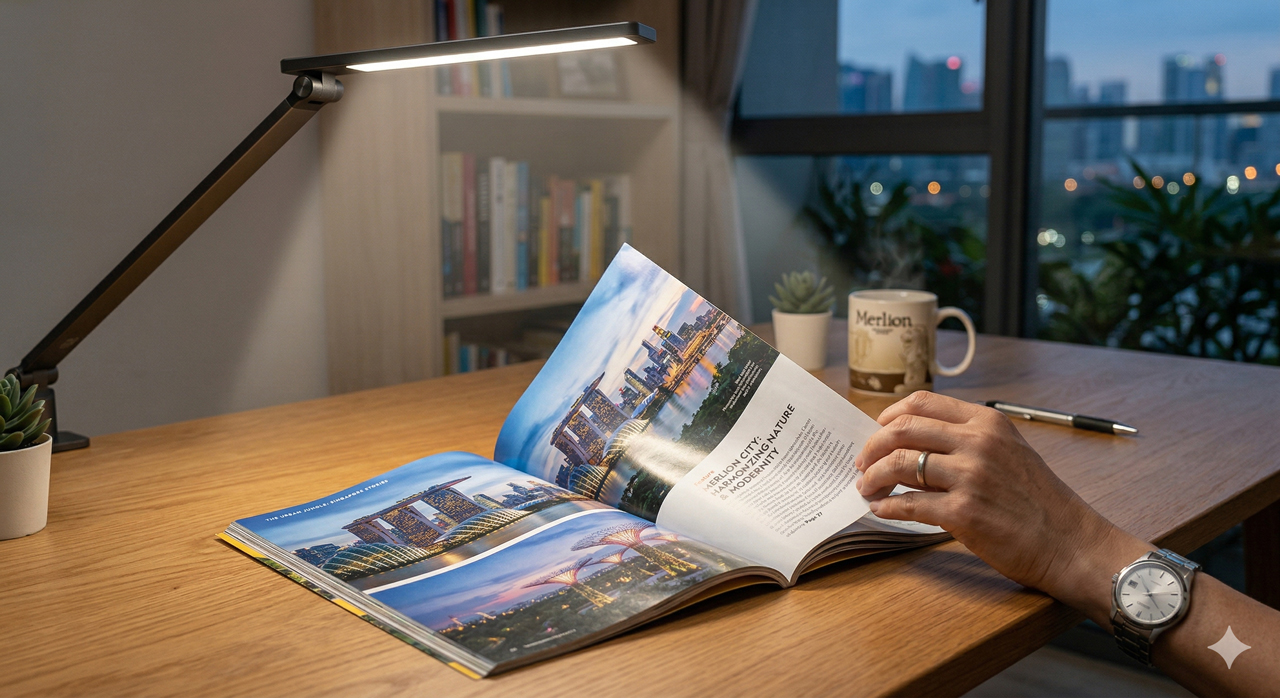 Hand holding glossy magazine with desk lamp angled to eliminate reflections
