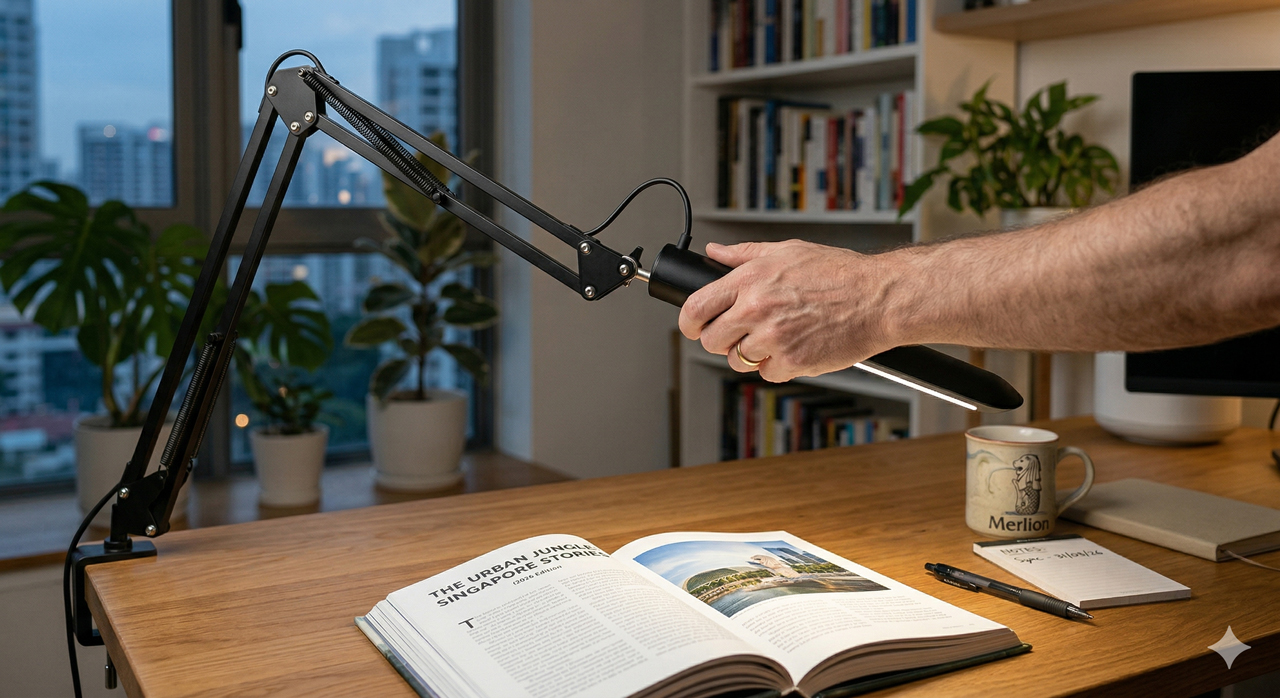 Hand adjusting articulated desk lamp angle above open book on desk