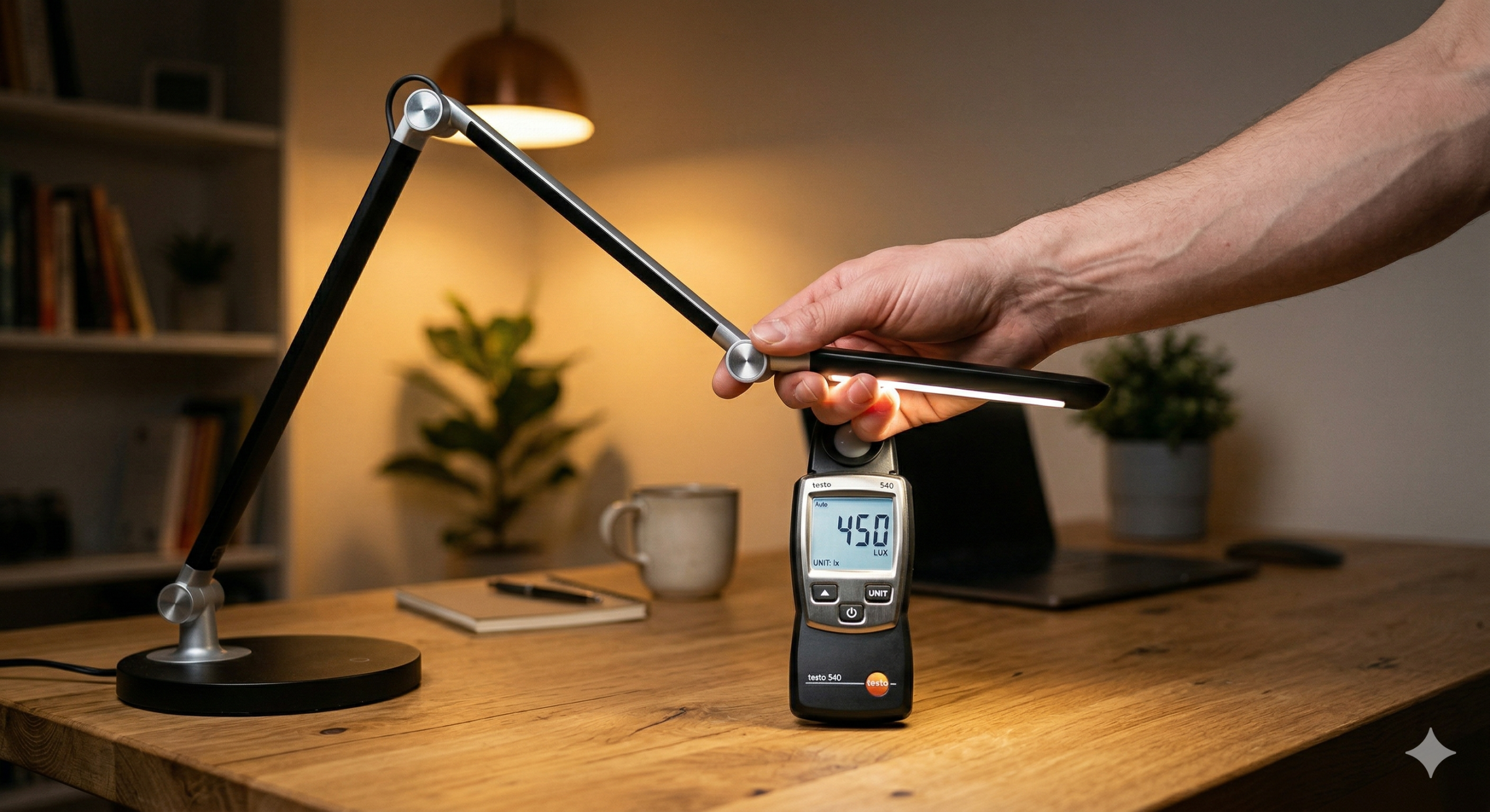 Hand adjusting LED desk lamp with lux meter showing 450 lux reading
