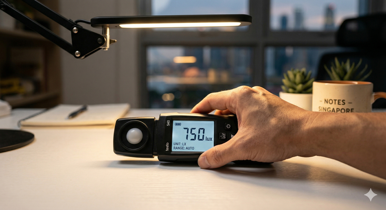 Hand holding lux meter on desk measuring task illuminance under LED lamp