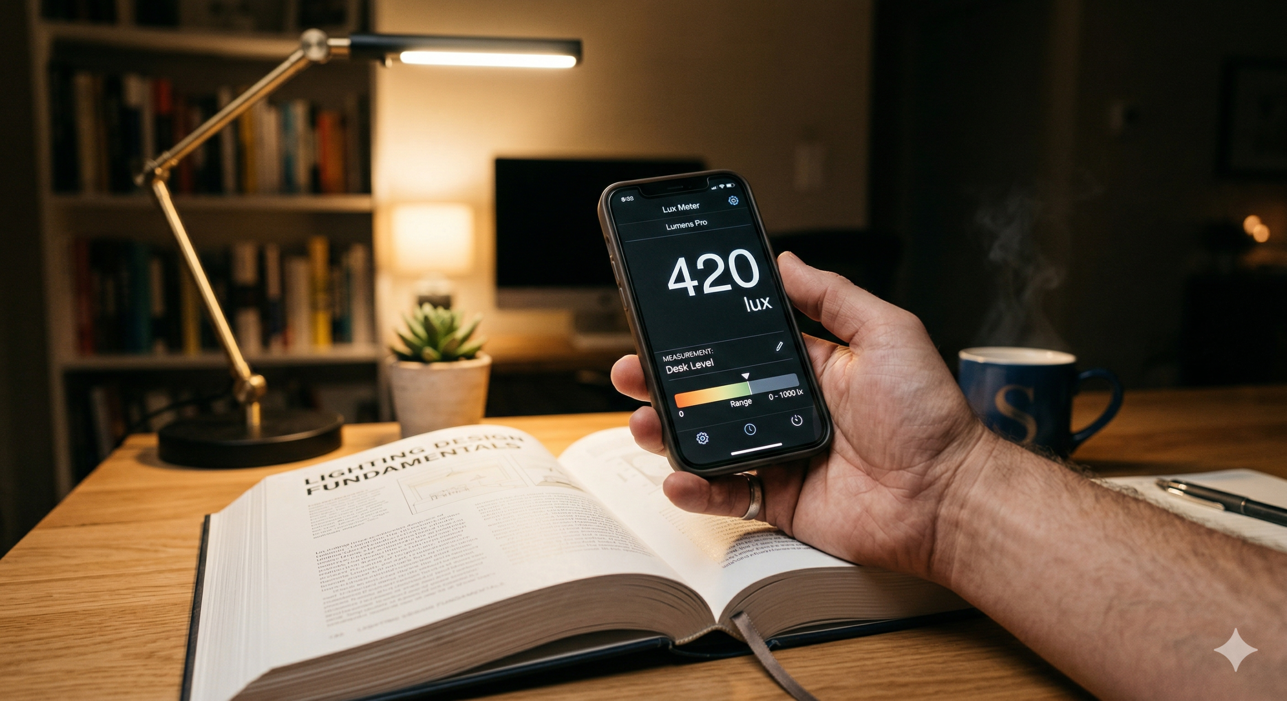 Smartphone lux meter app measuring desk lamp illuminance on book surface