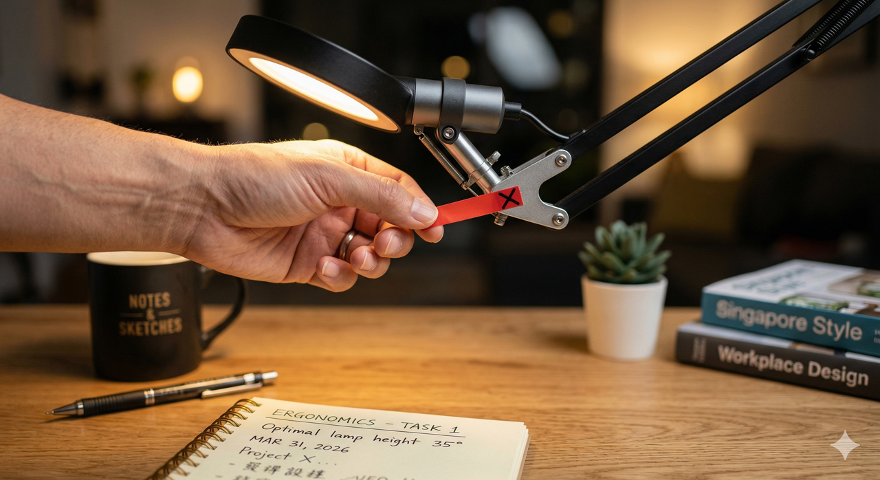 Hand marking desk lamp arm joint with tape for repeatable positioning