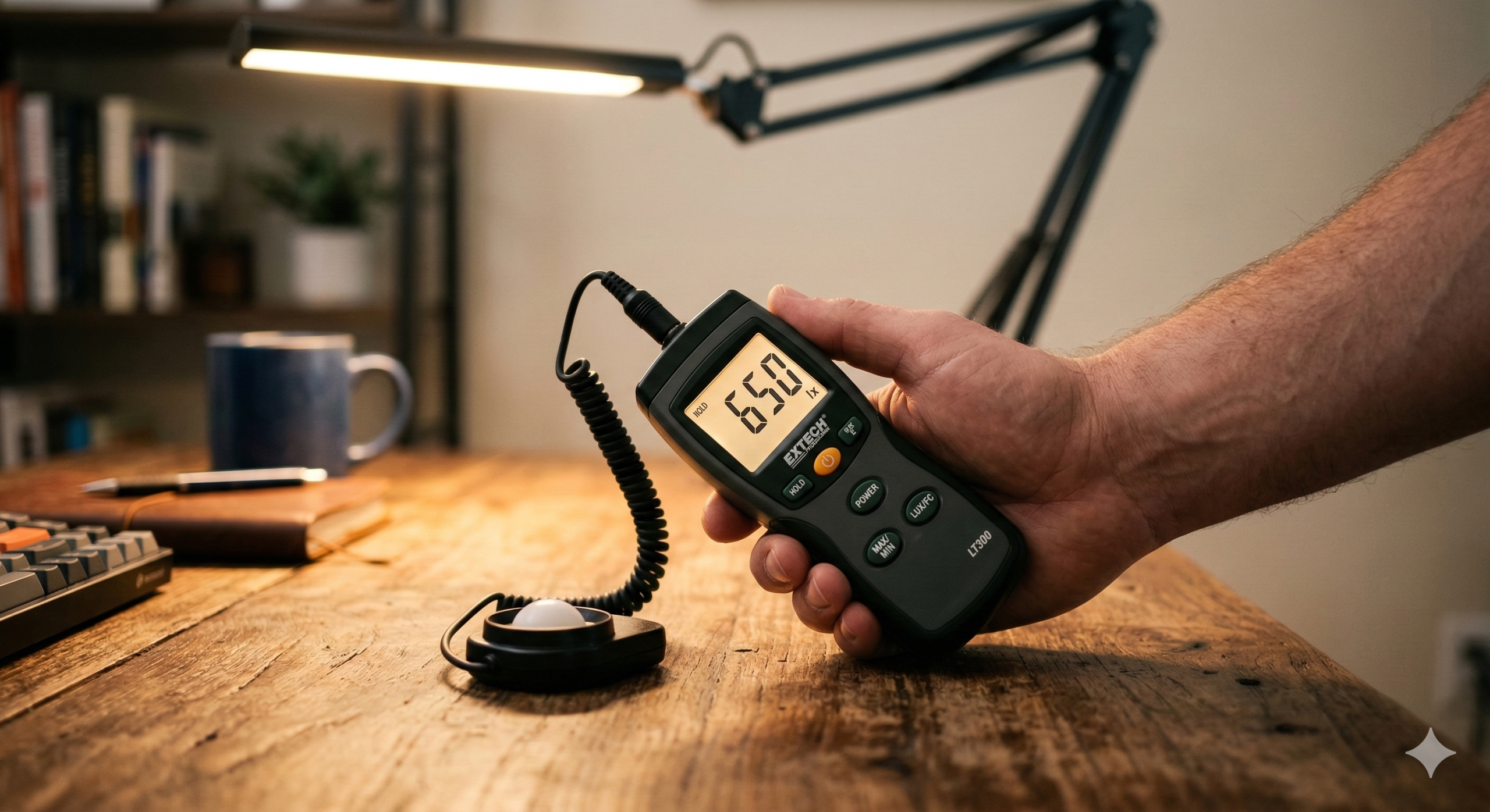 Hand measuring desk surface illuminance with a digital lux meter under a warm LED desk lamp.