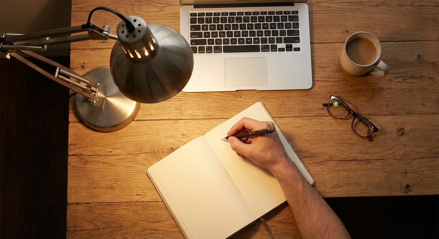 Proper desk lamp positioning on the left side of the workspace to eliminate hand shadows during writing tasks.