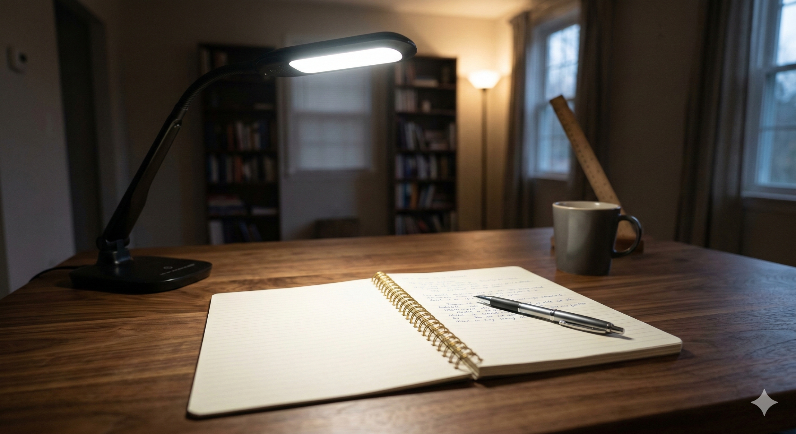 Desk setup demonstrating a 3:1 lux ratio with direct task lighting and indirect background lighting.