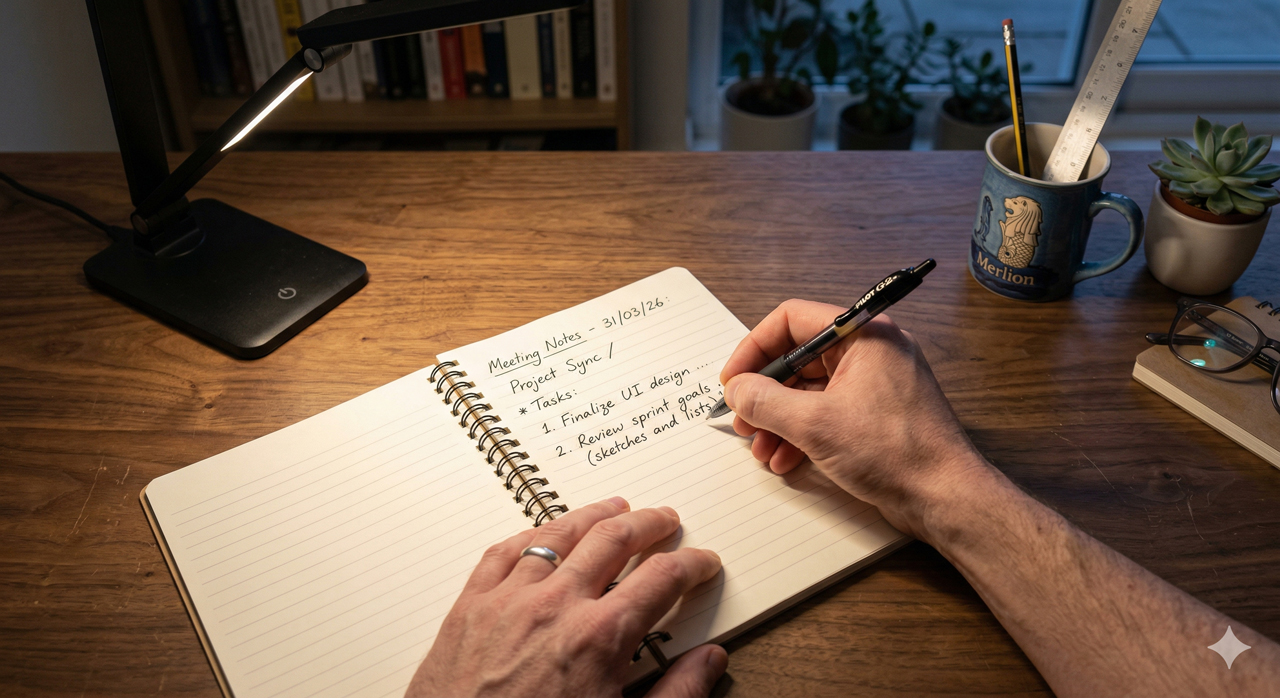 Right hand writing on paper with desk lamp positioned from left side to prevent shadows