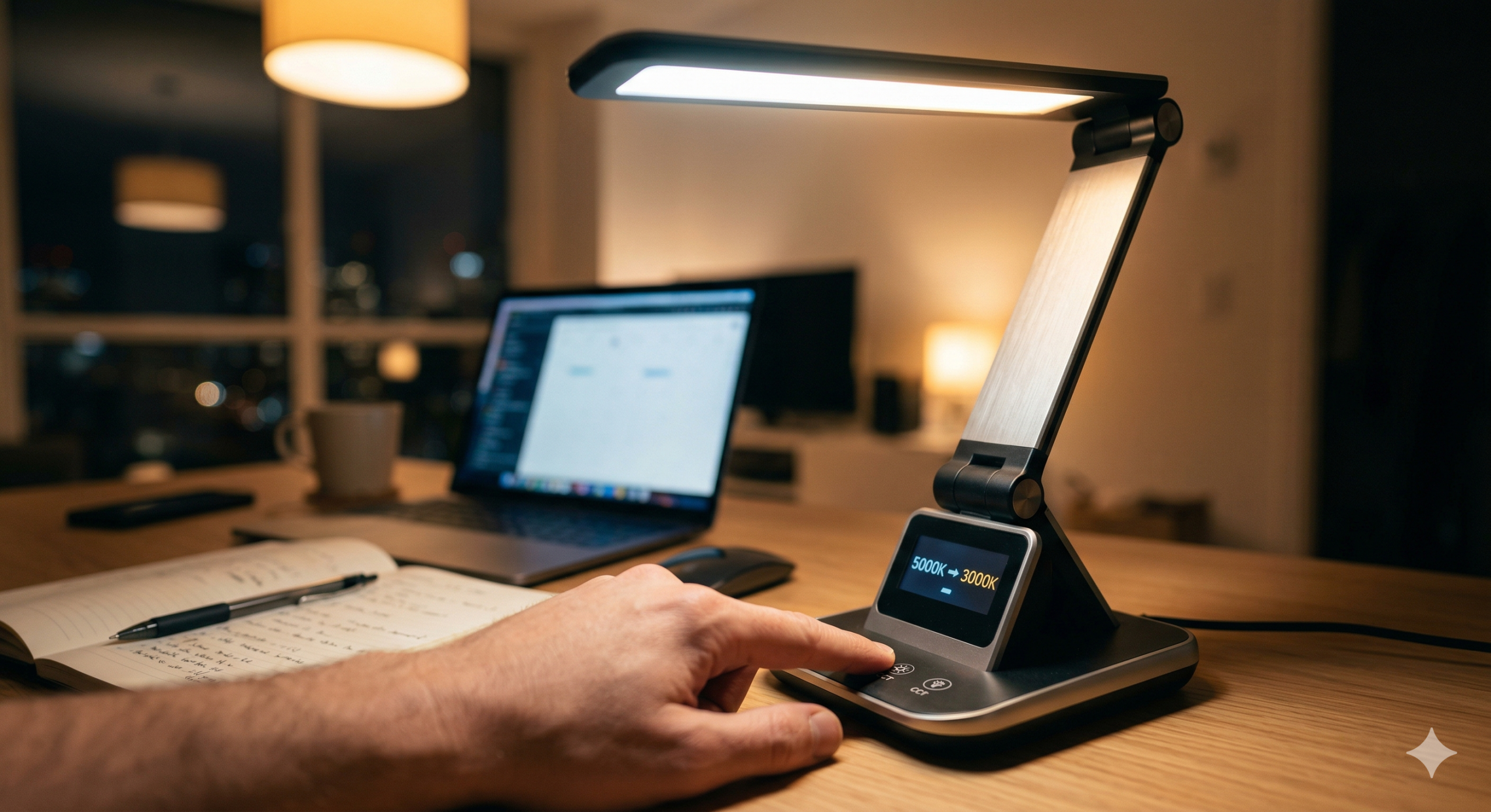Hand adjusting tunable desk lamp color temperature from cool daytime to warm evening light