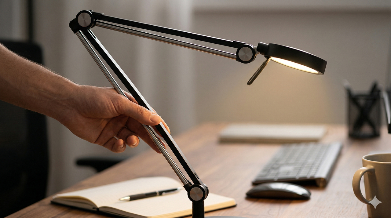 Hand adjusting desk lamp arm angle for optimal task lighting