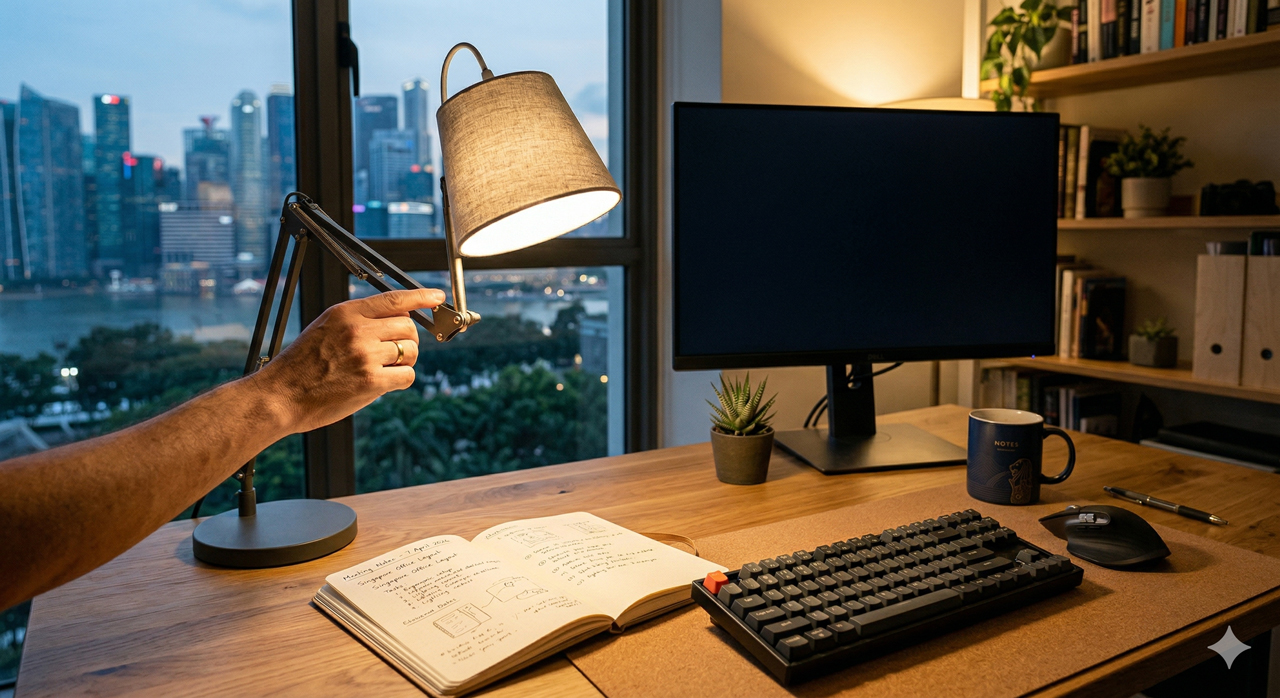 Hand adjusting desk lamp angle over notebook and keyboard in a properly lit home office