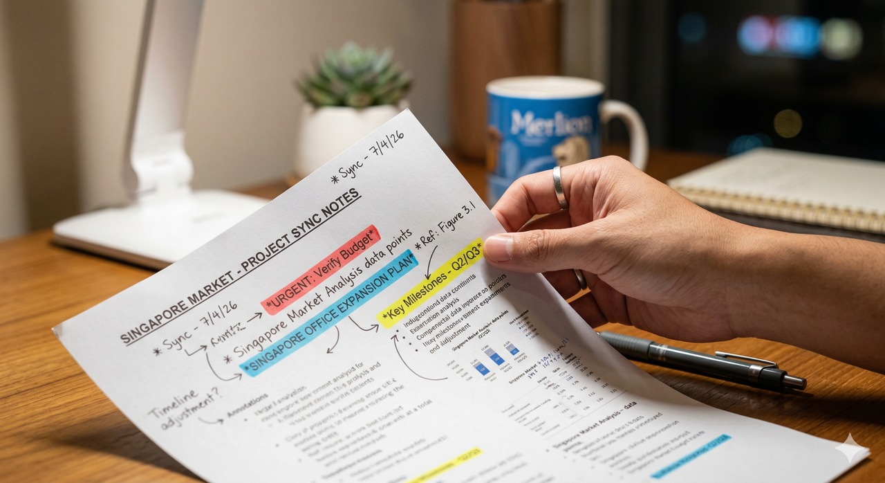 Hand holding color-annotated document under high-CRI desk lamp showing vivid color accuracy