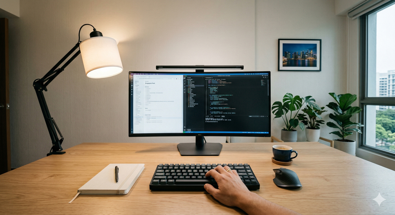 Layered home office desk lighting with ambient ceiling light, desk lamp, and monitor bar