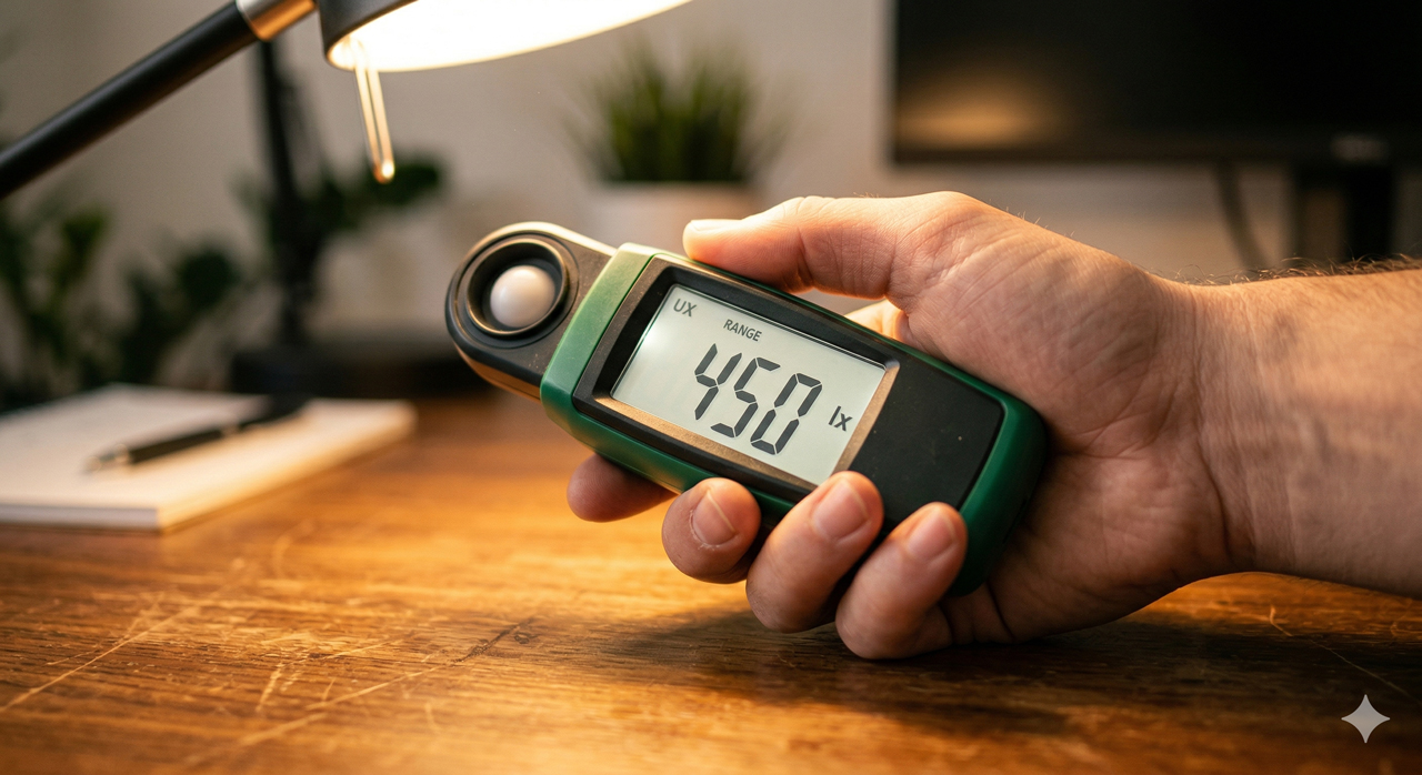 Hand holding lux meter on desk measuring task illuminance under lamp
