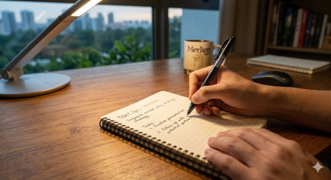 Right hand writing in notebook with proper cross-body desk lighting