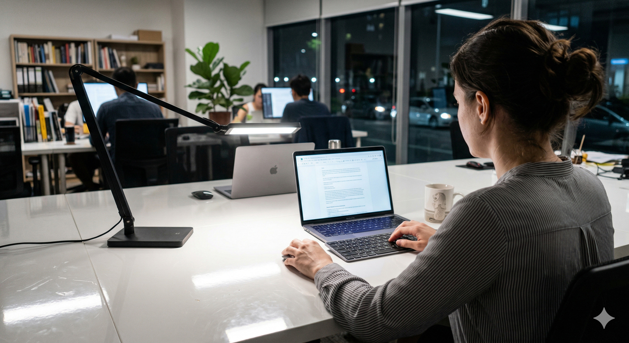 Glossy desk surface showing reflected glare hotspot from desk lamp