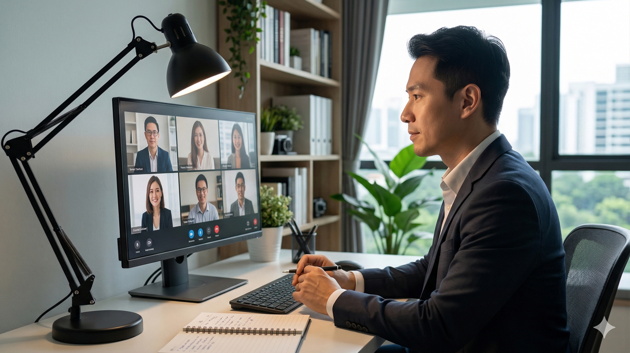 Person on video call with soft off-axis face lighting and desk lamp aimed at keyboard